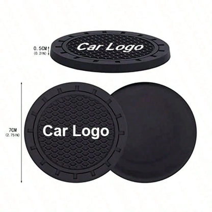 2pcs Car Cup Holder Mats With Car Logo, Recessed Silicone Anti-Slip Beverage Coasters, Car Interior Accessories
