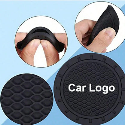 2pcs Car Cup Holder Mats With Car Logo, Recessed Silicone Anti-Slip Beverage Coasters, Car Interior Accessories