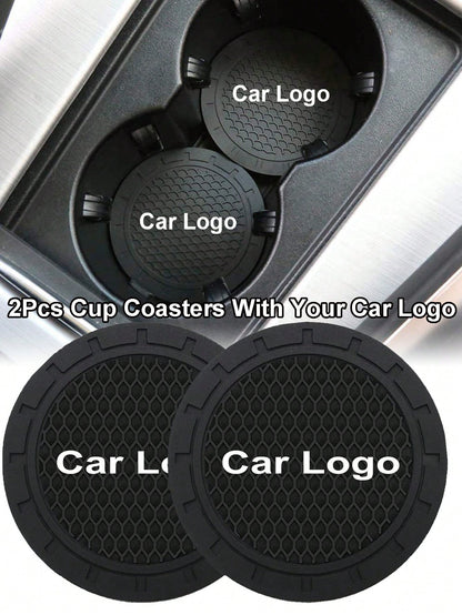 2pcs Car Cup Holder Mats With Car Logo, Recessed Silicone Anti-Slip Beverage Coasters, Car Interior Accessories