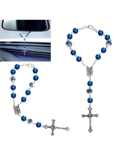 2pcs Car Rearview Mirror Hanging Ornaments, Blue Ceramic Bead Pendant, Car Interior Rearview Mirror Decorative Accessories, Unisex Car Medal And Cross Hanging Charms