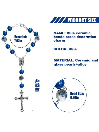 2pcs Car Rearview Mirror Hanging Ornaments, Blue Ceramic Bead Pendant, Car Interior Rearview Mirror Decorative Accessories, Unisex Car Medal And Cross Hanging Charms