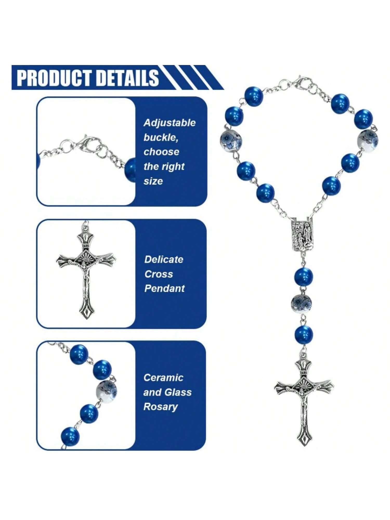 2pcs Car Rearview Mirror Hanging Ornaments, Blue Ceramic Bead Pendant, Car Interior Rearview Mirror Decorative Accessories, Unisex Car Medal And Cross Hanging Charms