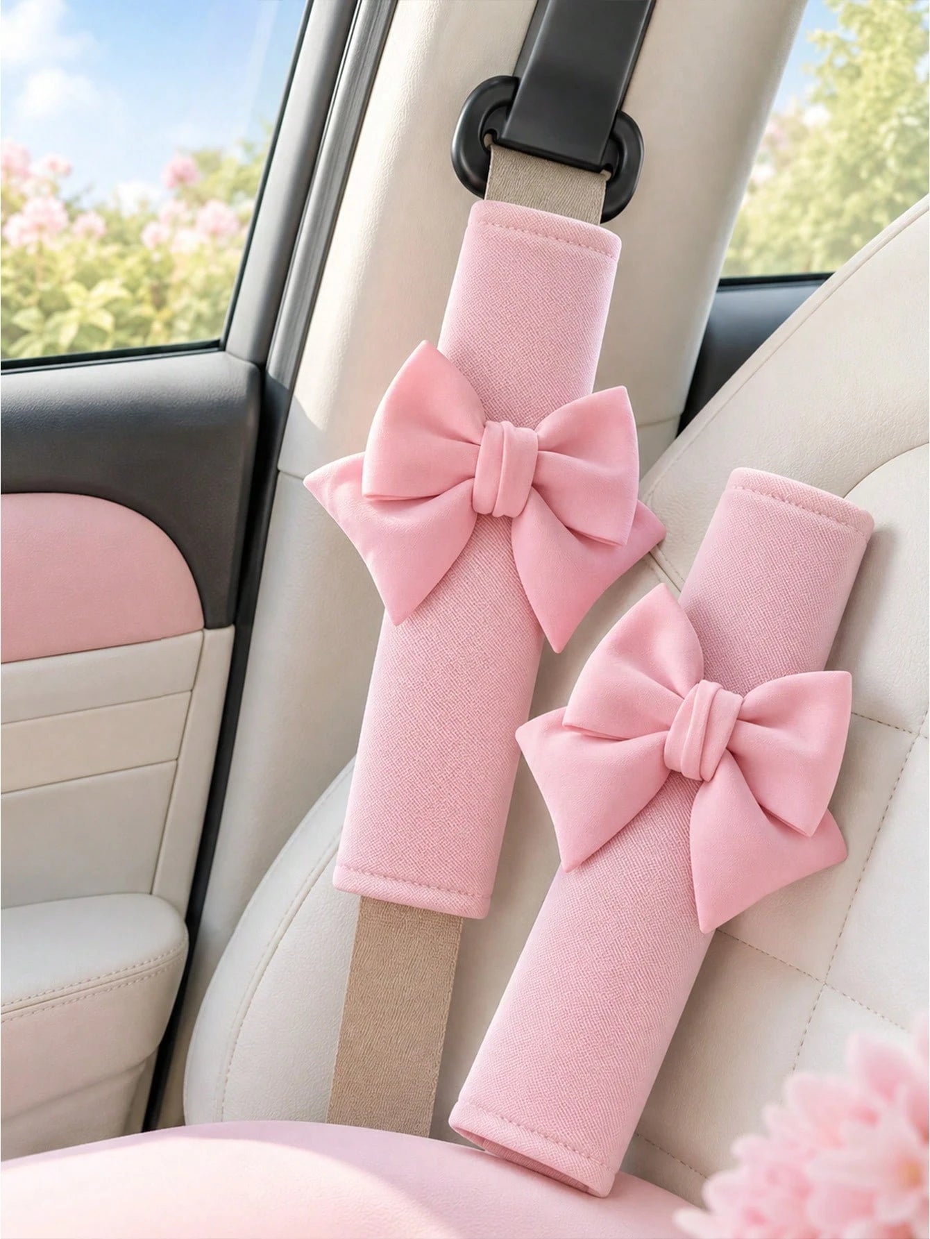 2pcs Car Seat Belt Leather Shoulder Protector Cute Bow Car Decoration Car Protection Cover,Deluxe Pink Seat Belt Shoulder Pads Bow Knot Car Seatbelt Cushion Set For Lady Driver Daily Driving Anti Fric