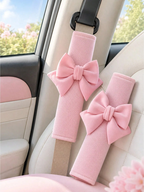 2pcs Car Seat Belt Leather Shoulder Protector Cute Bow Car Decoration Car Protection Cover,Deluxe Pink Seat Belt Shoulder Pads Bow Knot Car Seatbelt Cushion Set For Lady Driver Daily Driving Anti Fric