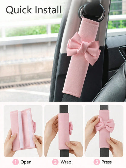 2pcs Car Seat Belt Leather Shoulder Protector Cute Bow Car Decoration Car Protection Cover,Deluxe Pink Seat Belt Shoulder Pads Bow Knot Car Seatbelt Cushion Set For Lady Driver Daily Driving Anti Fric