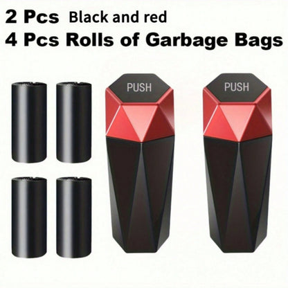 2pcs Creative Mini Diamond Car Trash Can Set – 2 Cans + 4 Rolls (60 Bags), One-Button Operation, Stylish, Fits Cars, Trucks & SUVs
