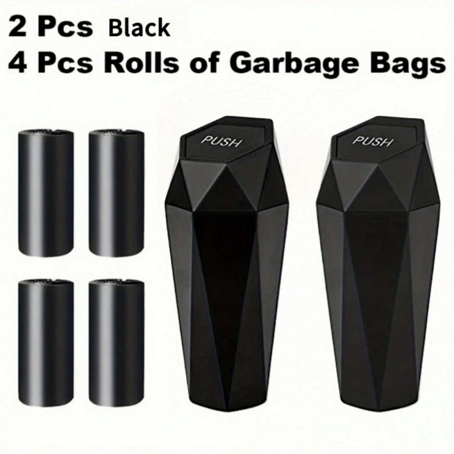 2pcs Creative Mini Diamond Car Trash Can Set – 2 Cans + 4 Rolls (60 Bags), One-Button Operation, Stylish, Fits Cars, Trucks & SUVs
