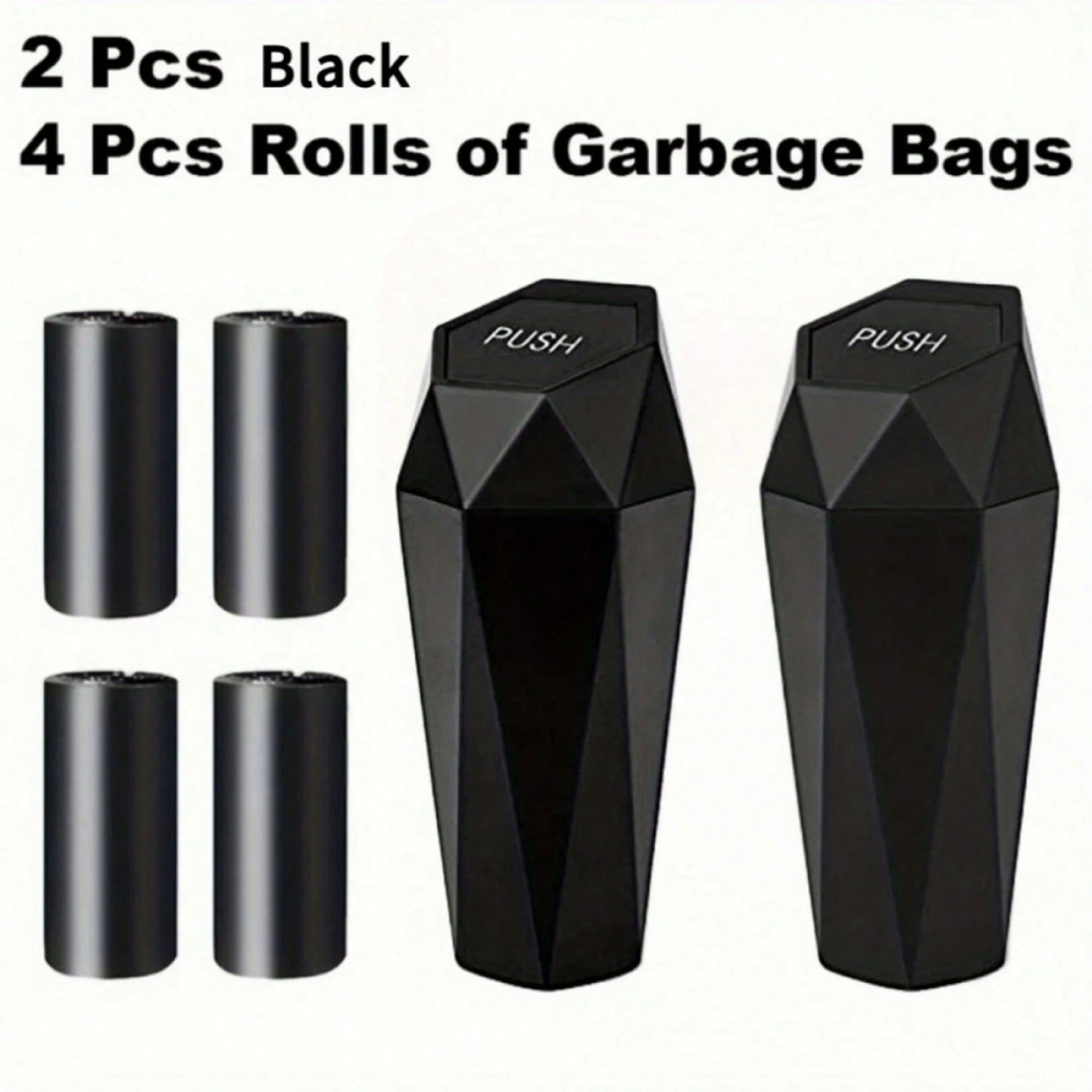 2pcs Creative Mini Diamond Car Trash Can Set – 2 Cans + 4 Rolls (60 Bags), One-Button Operation, Stylish, Fits Cars, Trucks & SUVs