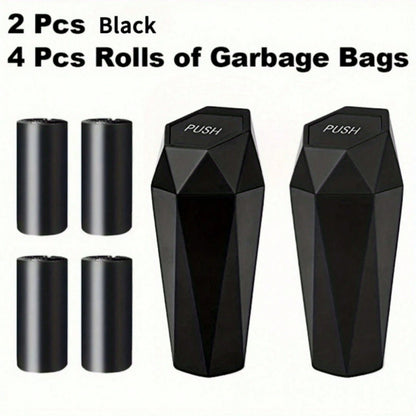 2pcs Creative Mini Diamond Car Trash Can Set – 2 Cans + 4 Rolls (60 Bags), One-Button Operation, Stylish, Fits Cars, Trucks & SUVs