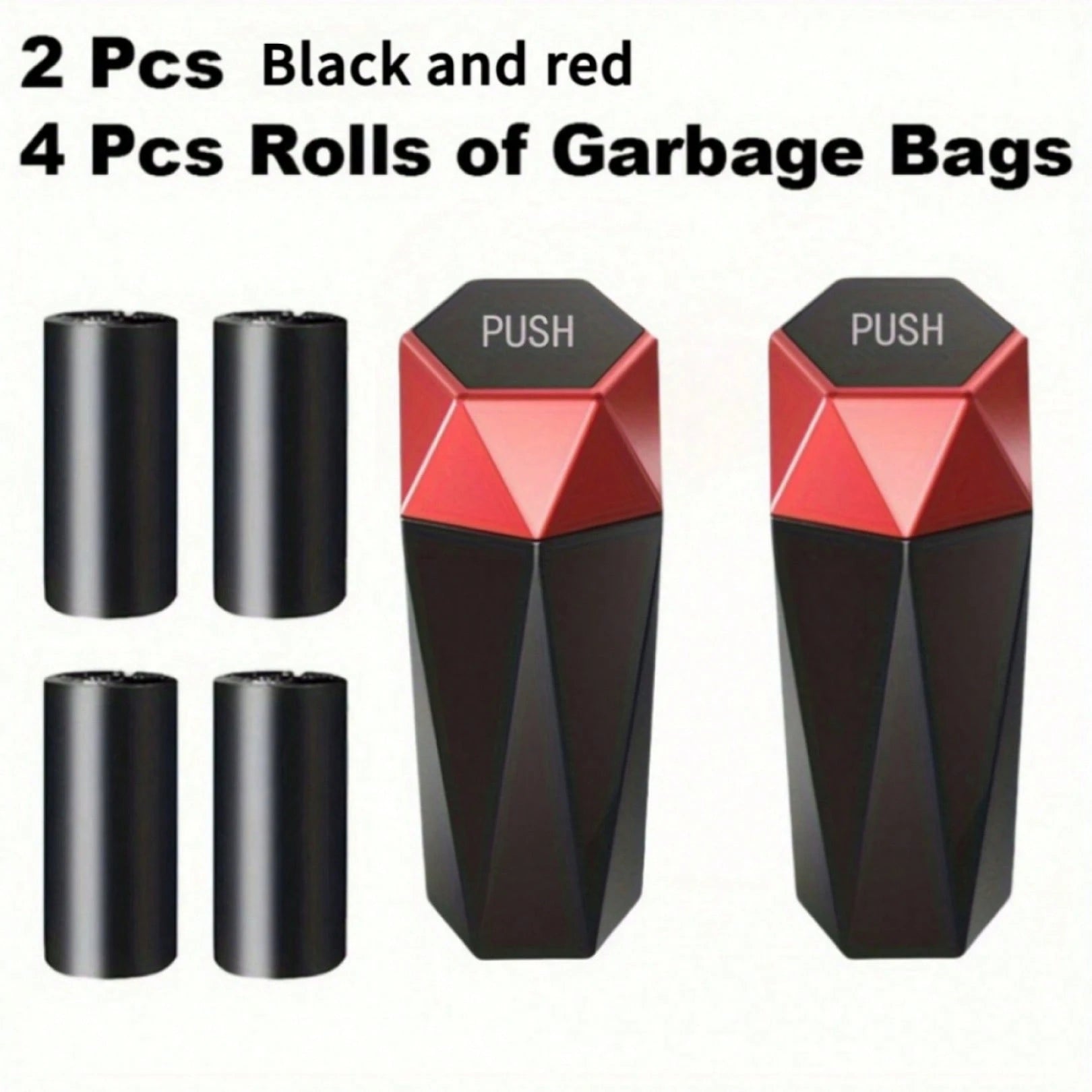 2pcs Creative Mini Diamond Car Trash Can Set – 2 Cans + 4 Rolls (60 Bags), One-Button Operation, Stylish, Fits Cars, Trucks & SUVs