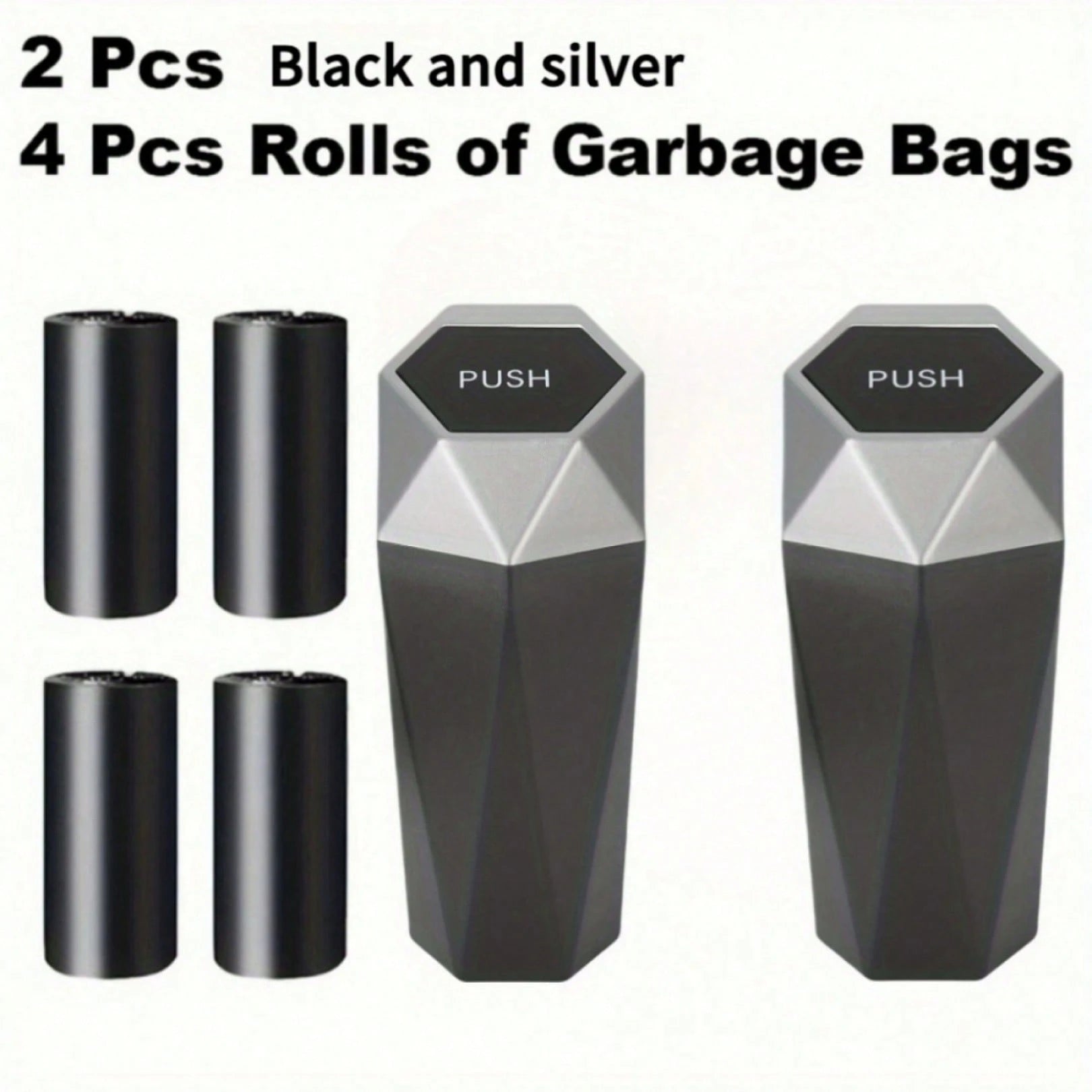 2pcs Creative Mini Diamond Car Trash Can Set – 2 Cans + 4 Rolls (60 Bags), One-Button Operation, Stylish, Fits Cars, Trucks & SUVs