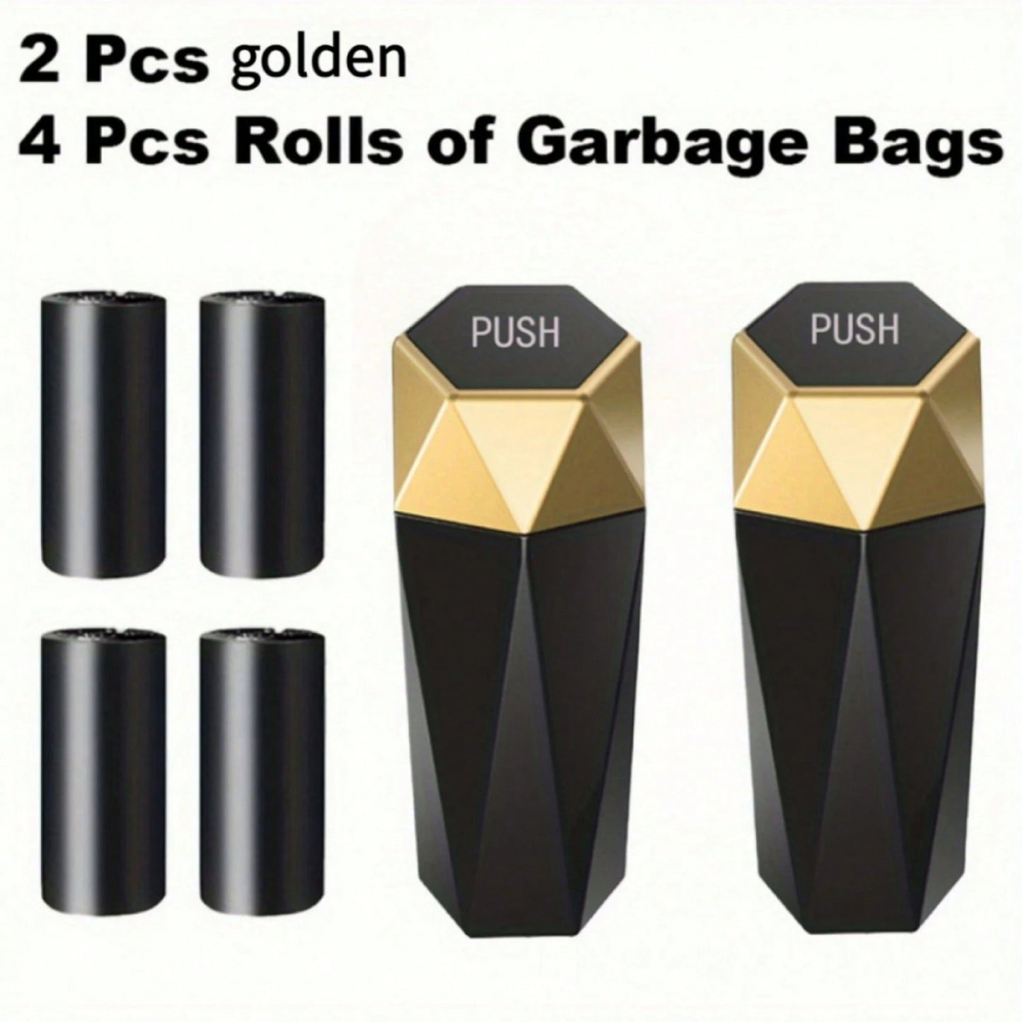 2pcs Creative Mini Diamond Car Trash Can Set – 2 Cans + 4 Rolls (60 Bags), One-Button Operation, Stylish, Fits Cars, Trucks & SUVs