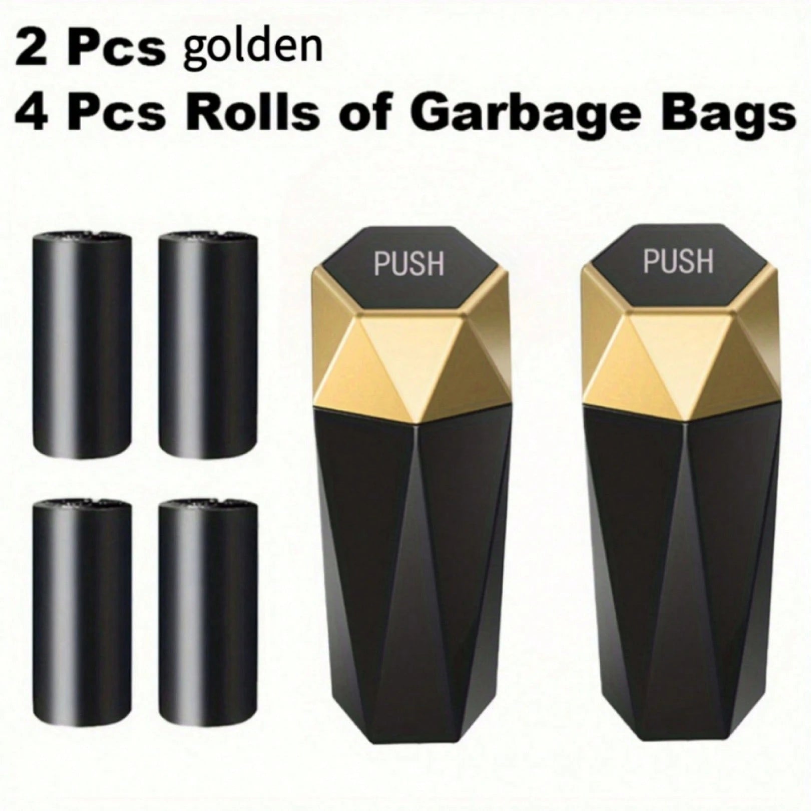 2pcs Creative Mini Diamond Car Trash Can Set – 2 Cans + 4 Rolls (60 Bags), One-Button Operation, Stylish, Fits Cars, Trucks & SUVs