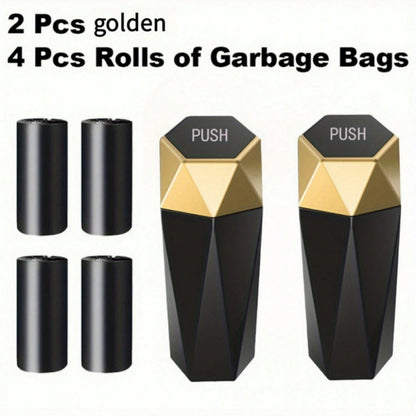 2pcs Creative Mini Diamond Car Trash Can Set – 2 Cans + 4 Rolls (60 Bags), One-Button Operation, Stylish, Fits Cars, Trucks & SUVs