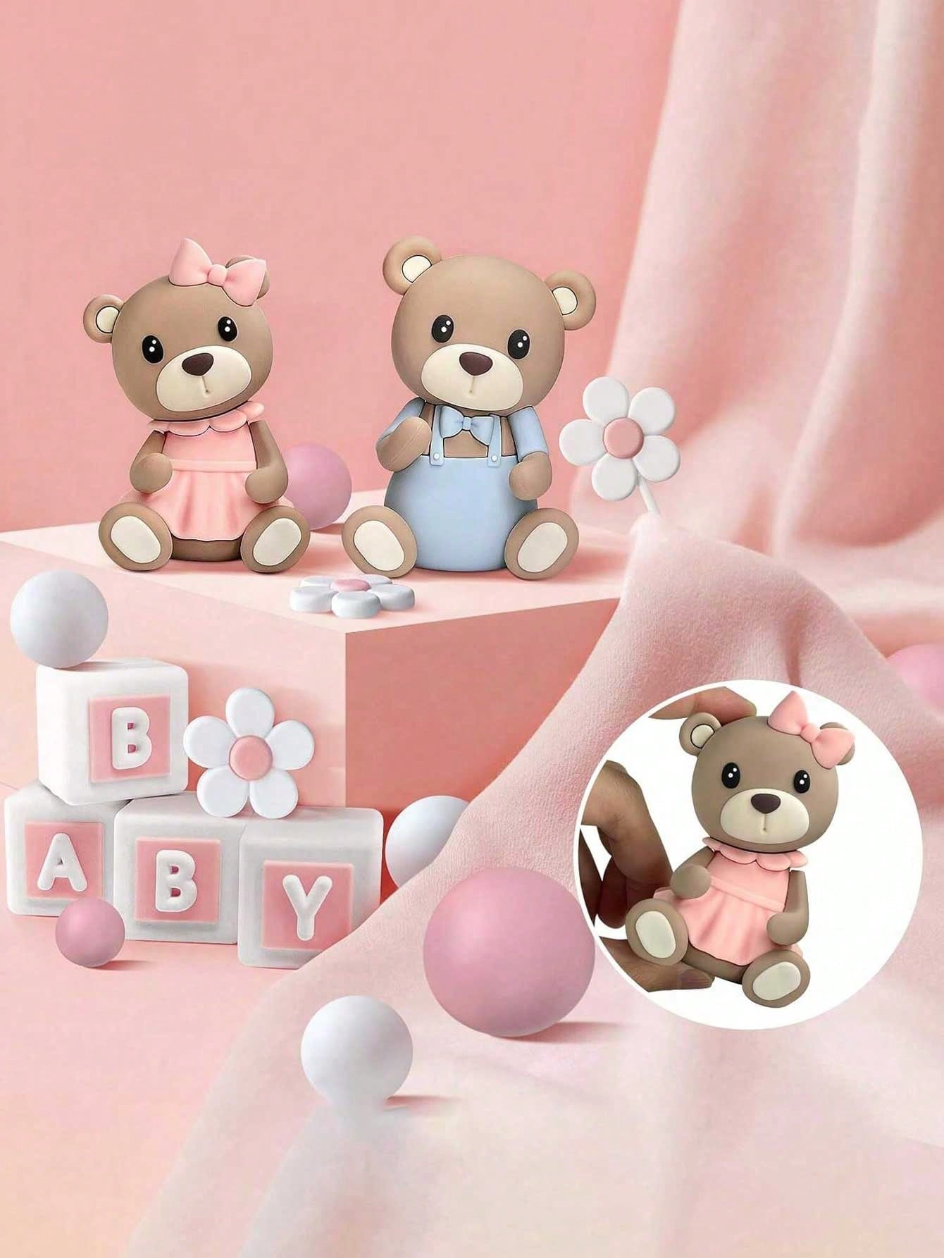 2pcs Cute Teddy Bear Cake Toppers, Baby Shower Cake Decorations, Soft Rubber Doll Decor, Teddy Bear Birthday Cake Decorations, Baby Shower Party Decorations, Gender Reveal Party Decor
