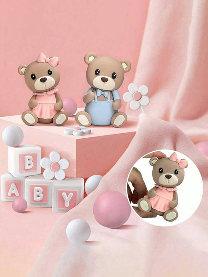 2pcs Cute Teddy Bear Cake Toppers, Baby Shower Cake Decorations, Soft Rubber Doll Decor, Teddy Bear Birthday Cake Decorations, Baby Shower Party Decorations, Gender Reveal Party Decor
