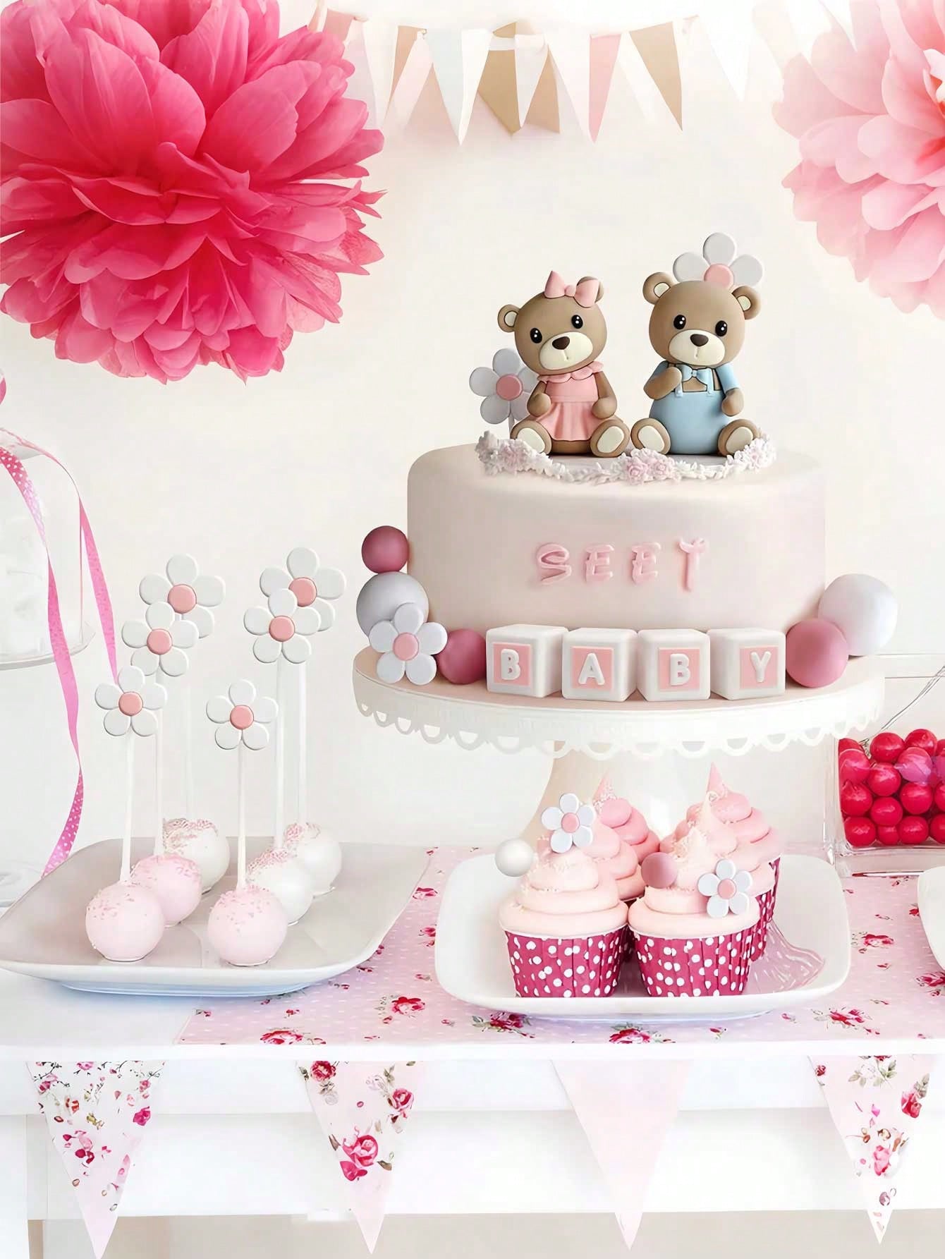 2pcs Cute Teddy Bear Cake Toppers, Baby Shower Cake Decorations, Soft Rubber Doll Decor, Teddy Bear Birthday Cake Decorations, Baby Shower Party Decorations, Gender Reveal Party Decor