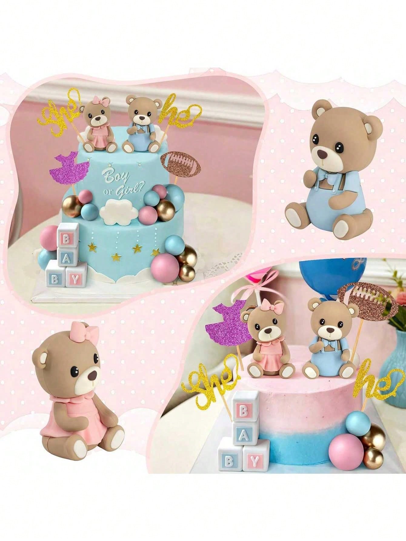 2pcs Cute Teddy Bear Cake Toppers, Baby Shower Cake Decorations, Soft Rubber Doll Decor, Teddy Bear Birthday Cake Decorations, Baby Shower Party Decorations, Gender Reveal Party Decor