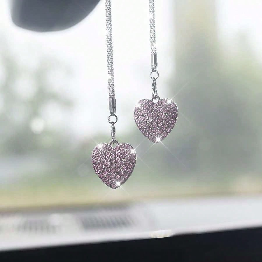 2pcs Double-Sided Fresh Heart Car Rearview Mirror Hanging Ornament Charming Heart Fashion Driver Car Interior Decoration