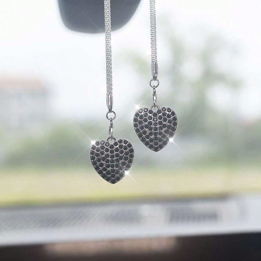 2pcs Double-Sided Fresh Heart Car Rearview Mirror Hanging Ornament Charming Heart Fashion Driver Car Interior Decoration