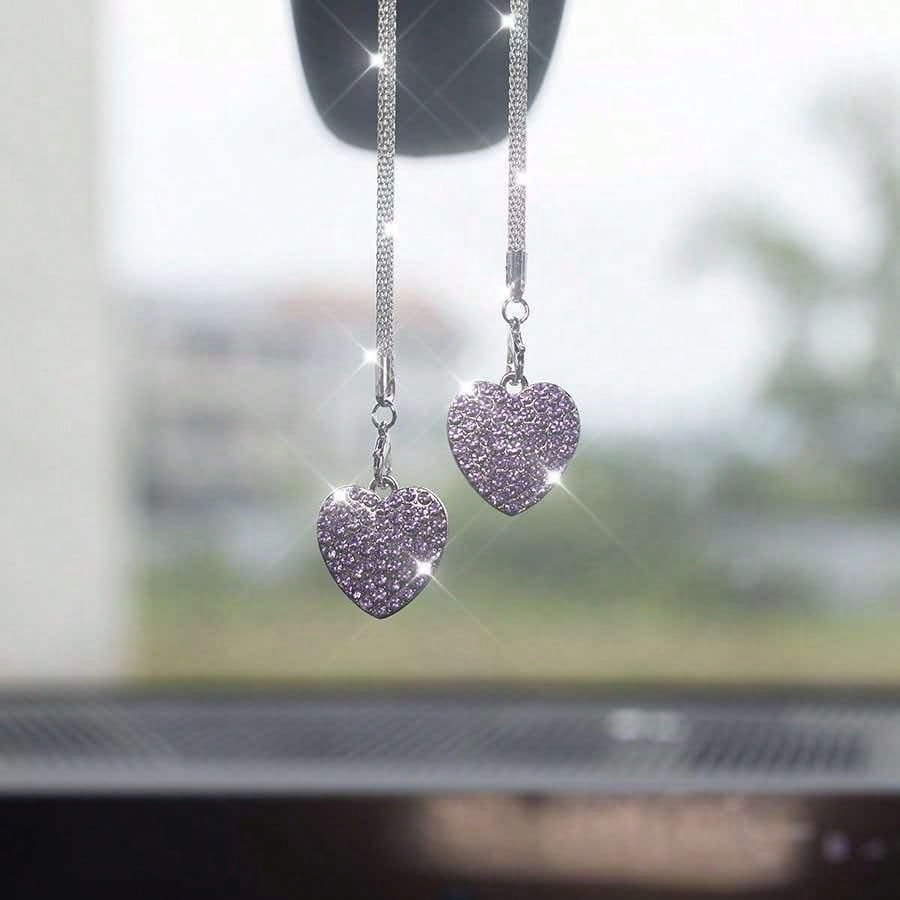 2pcs Double-Sided Fresh Heart Car Rearview Mirror Hanging Ornament Charming Heart Fashion Driver Car Interior Decoration
