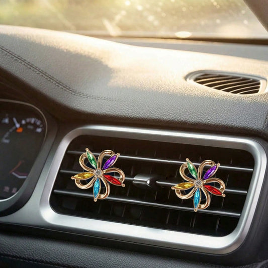 2pcs Electroplated Colorful Rhinestone Hollow Flower Air Vent Clip DIY Accessories, Car Air Vent Clip Decoration, Fragrance-Free, Women's Car Interior Accessories
