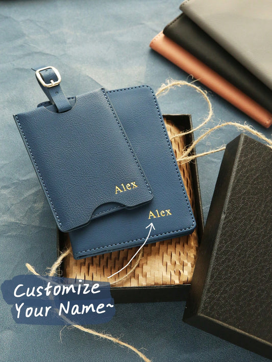 2PCS GIFT Package Custom Name Passport Holder With Luggage Tag Set Personalized Custom Gold Monogram Travel Gift Box Set Customized Faux Leather Passport Cover Luggage Tags Set Custom Travel Accessori