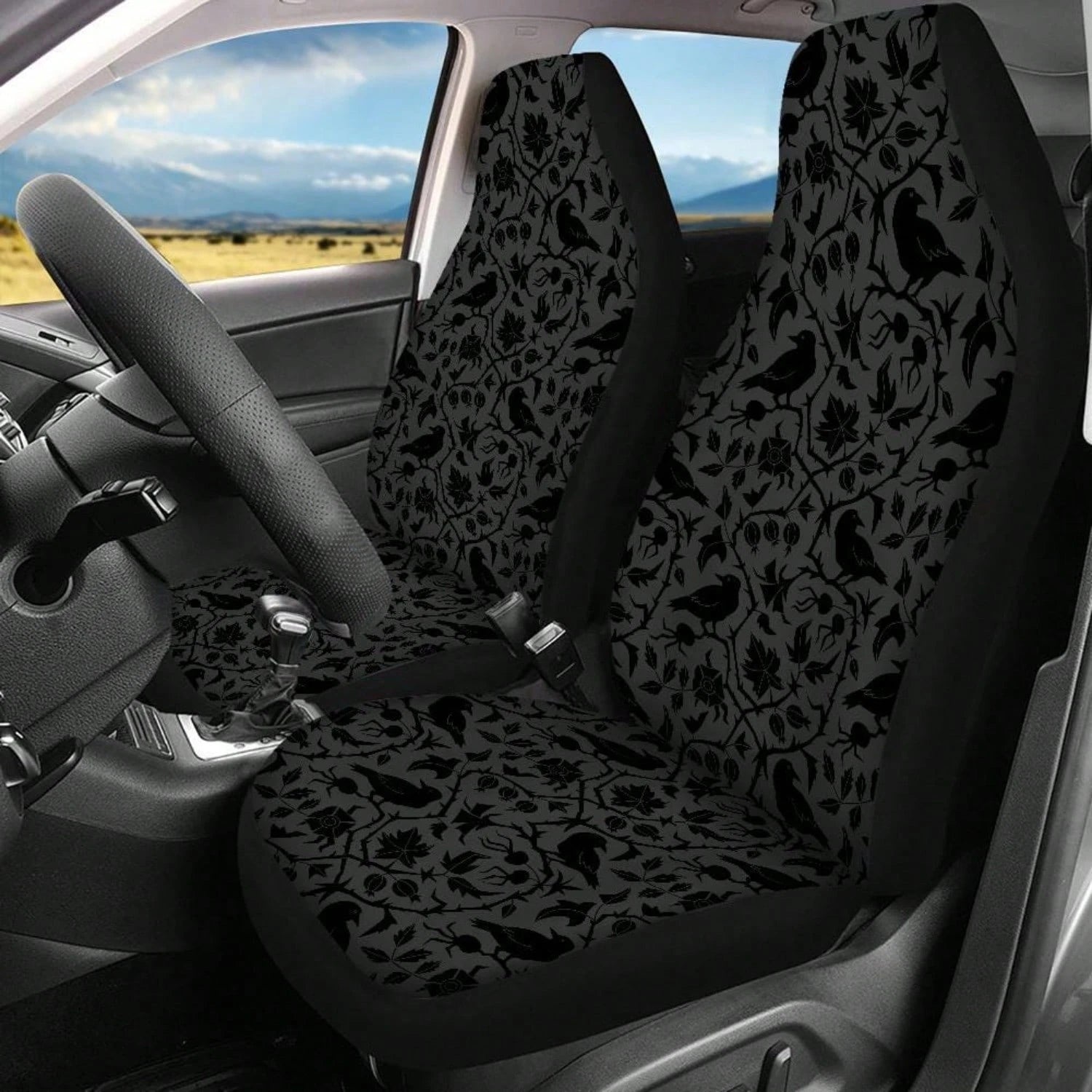 2PCS Gothic Crows Car Seat Covers, Raven Car Accessories, Witchy Car Decor, Goth Car Interior, Dark Cottagecore Seat Covers,Suitable For Cars, SUVs, And Trucks,Perfect For Holiday Gift Or Special Occa
