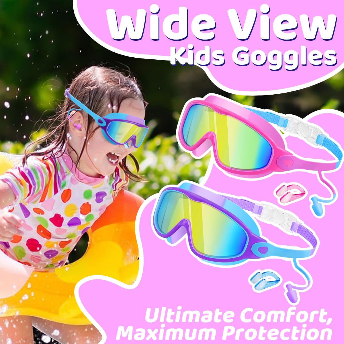 2Pcs Kids Wide View Swim Goggles Anti Fog UV Protection No Leak Comfortable Swimming Goggles For 3-12 Years Boys Girls Pool Beach, Back To School