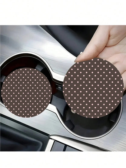 2pcs Light Pink Polka Dot Car Cup Holders, Vintage Brown Background Pink Polka Dot Style, Protect Car Interior Space, Easy To Clean, Suitable For SUV Or Any Other Car Models. Universal Car Interior Ac
