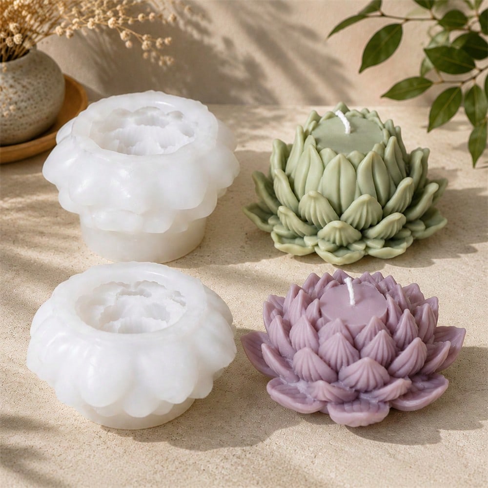 2PCS Lotus Candle Mold Set Silicone Flower Candle Mold DIY Handmade Scented Candle Making Mold Reusable Resin Wax Casting Mold For Home Decoration Gift
