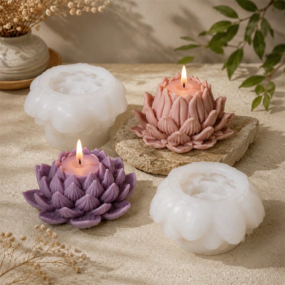 2PCS Lotus Candle Mold Set Silicone Flower Candle Mold DIY Handmade Scented Candle Making Mold Reusable Resin Wax Casting Mold For Home Decoration Gift