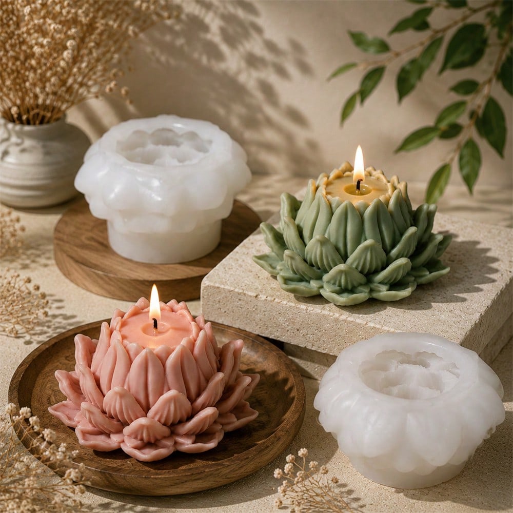 2PCS Lotus Candle Mold Set Silicone Flower Candle Mold DIY Handmade Scented Candle Making Mold Reusable Resin Wax Casting Mold For Home Decoration Gift