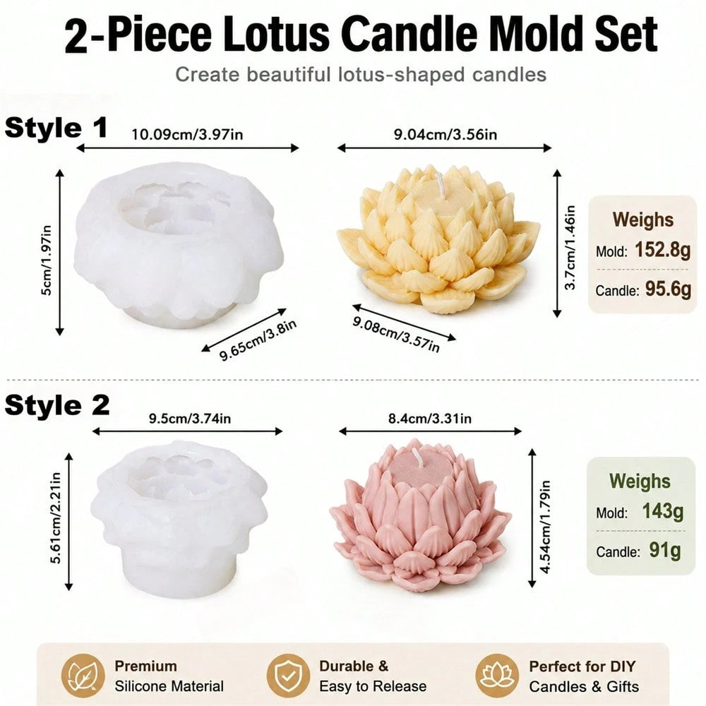 2PCS Lotus Candle Mold Set Silicone Flower Candle Mold DIY Handmade Scented Candle Making Mold Reusable Resin Wax Casting Mold For Home Decoration Gift