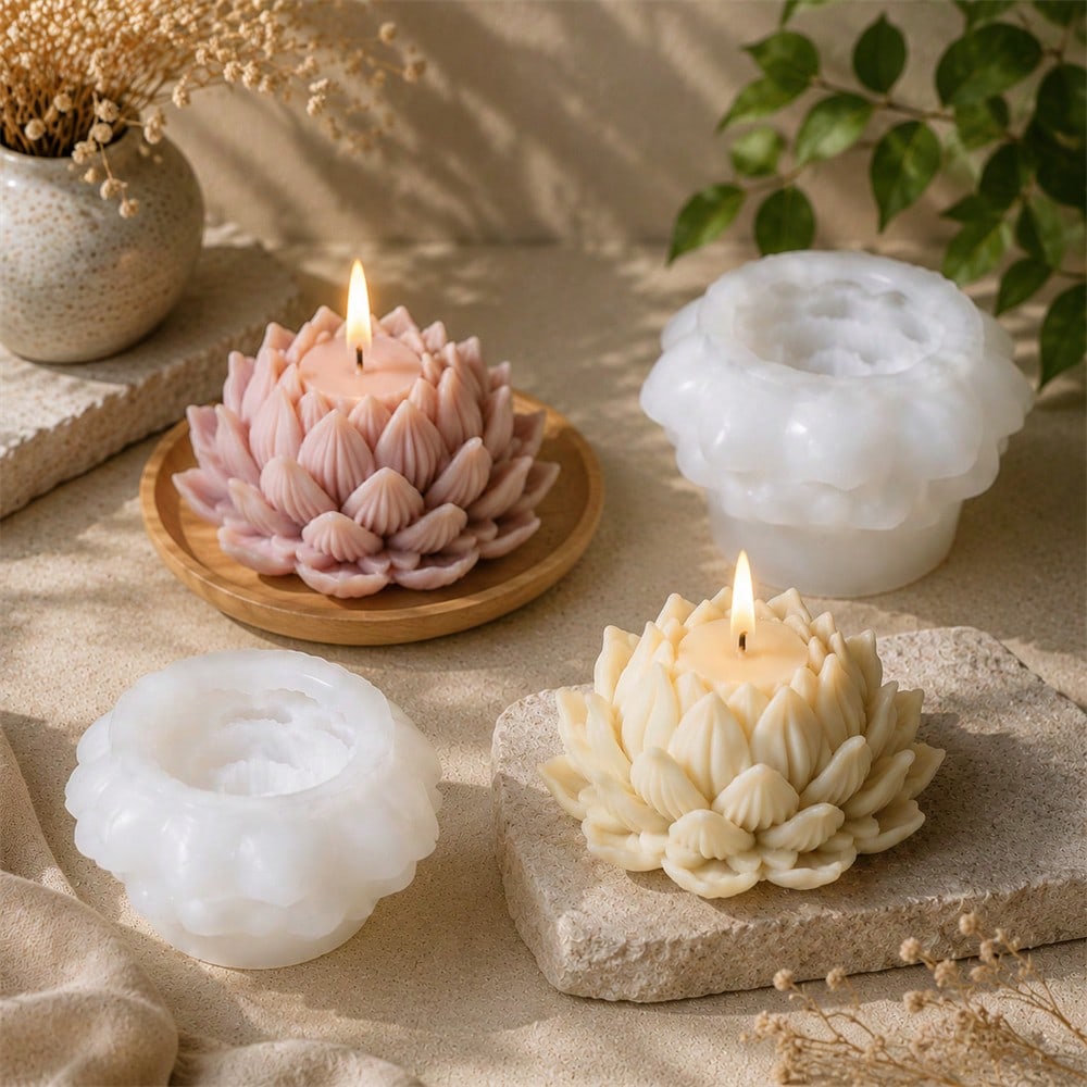 2PCS Lotus Candle Mold Set Silicone Flower Candle Mold DIY Handmade Scented Candle Making Mold Reusable Resin Wax Casting Mold For Home Decoration Gift