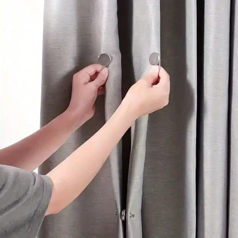 2pcs Magnetic Curtain Tiebacks With Adhesive Backing- Classic Metal Button Closure, Suitable For Home, Bedroom And Office Curtains