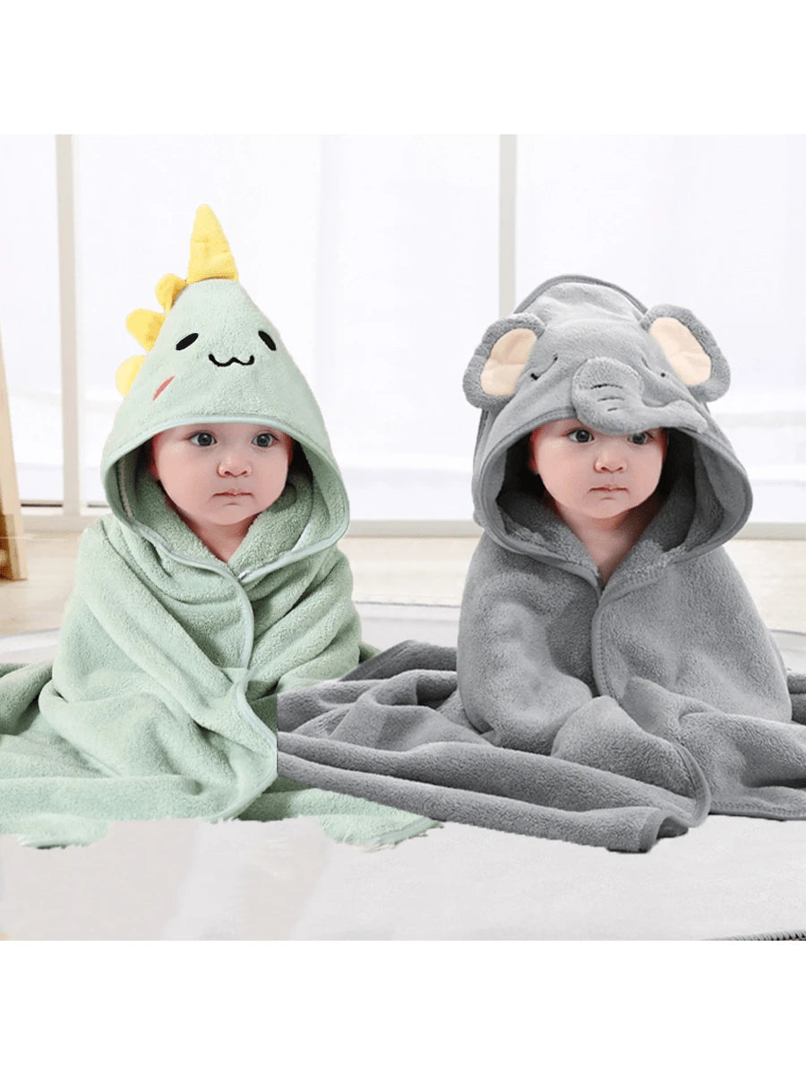 2pcs Neutral Baby Animal Face Hooded Towels, Unique Animal Design Soft Newborn Baby Cape, All Seasons Coral Fleece Cartoon Bathroom Wrap Bath Towel For Children