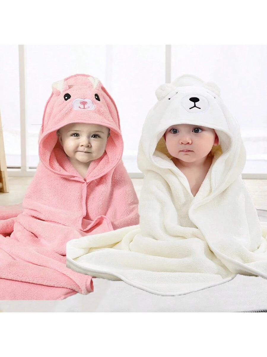 2pcs Neutral Baby Animal Face Hooded Towels, Unique Animal Design Soft Newborn Baby Cape, All Seasons Coral Fleece Cartoon Bathroom Wrap Bath Towel For Children