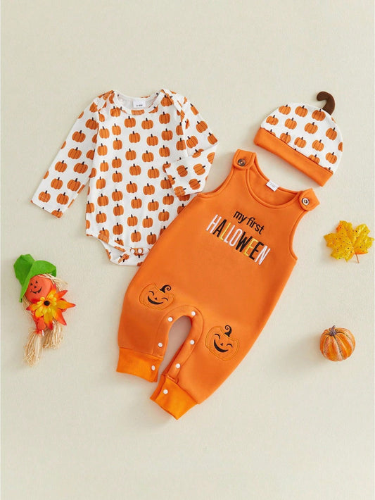 2Pcs Newborn Baby Boy Overalls Set Pumpkin Long Sleeve Romper Tops + Suspender Pants + Hat 3M 6M 9M 12M 18M Infant Fall Halloween Clothes