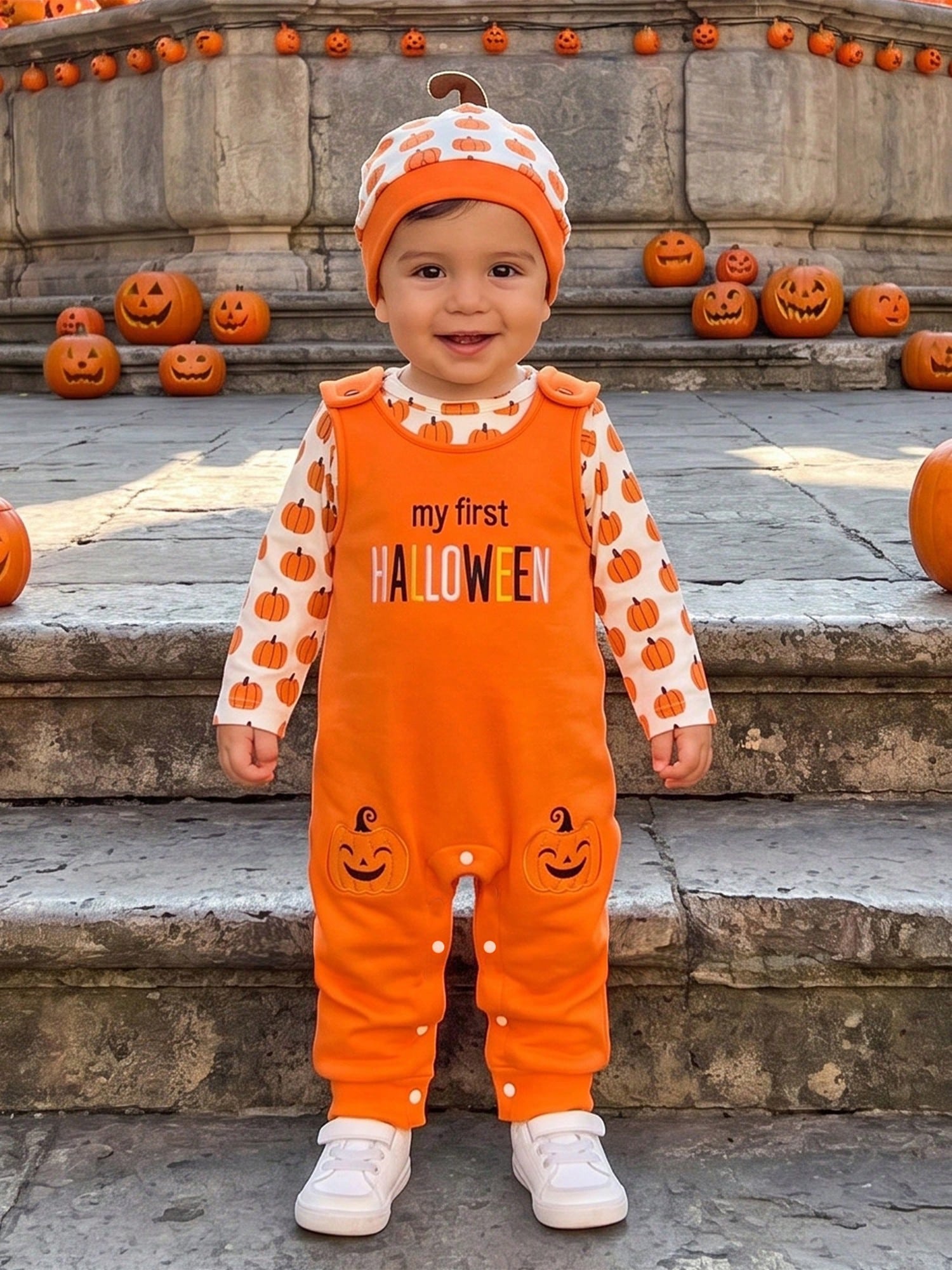 2Pcs Newborn Baby Boy Overalls Set Pumpkin Long Sleeve Romper Tops + Suspender Pants + Hat 3M 6M 9M 12M 18M Infant Fall Halloween Clothes