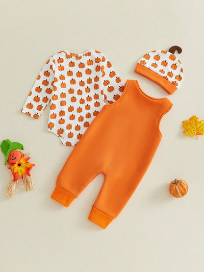 2Pcs Newborn Baby Boy Overalls Set Pumpkin Long Sleeve Romper Tops + Suspender Pants + Hat 3M 6M 9M 12M 18M Infant Fall Halloween Clothes