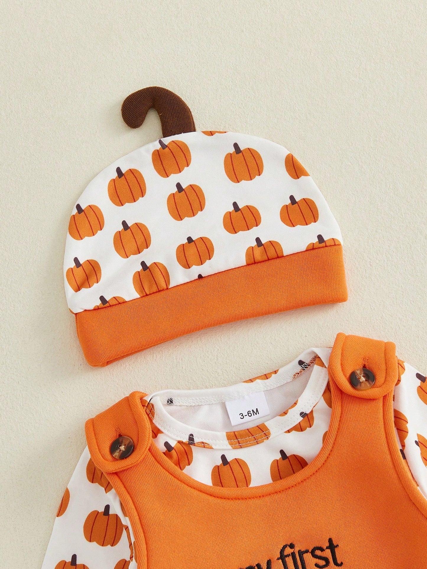 2Pcs Newborn Baby Boy Overalls Set Pumpkin Long Sleeve Romper Tops + Suspender Pants + Hat 3M 6M 9M 12M 18M Infant Fall Halloween Clothes
