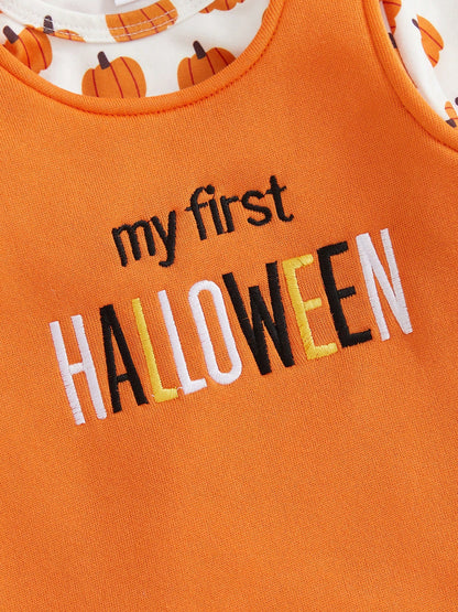 2Pcs Newborn Baby Boy Overalls Set Pumpkin Long Sleeve Romper Tops + Suspender Pants + Hat 3M 6M 9M 12M 18M Infant Fall Halloween Clothes
