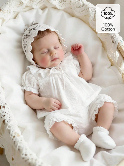 2pcs Newborn Baby Girls White Summer Cute Baby Shower Gift Elegant Ruffle Collar Knit Jacquard Top And Shorts Cotton Set Baptism Christening Outfit