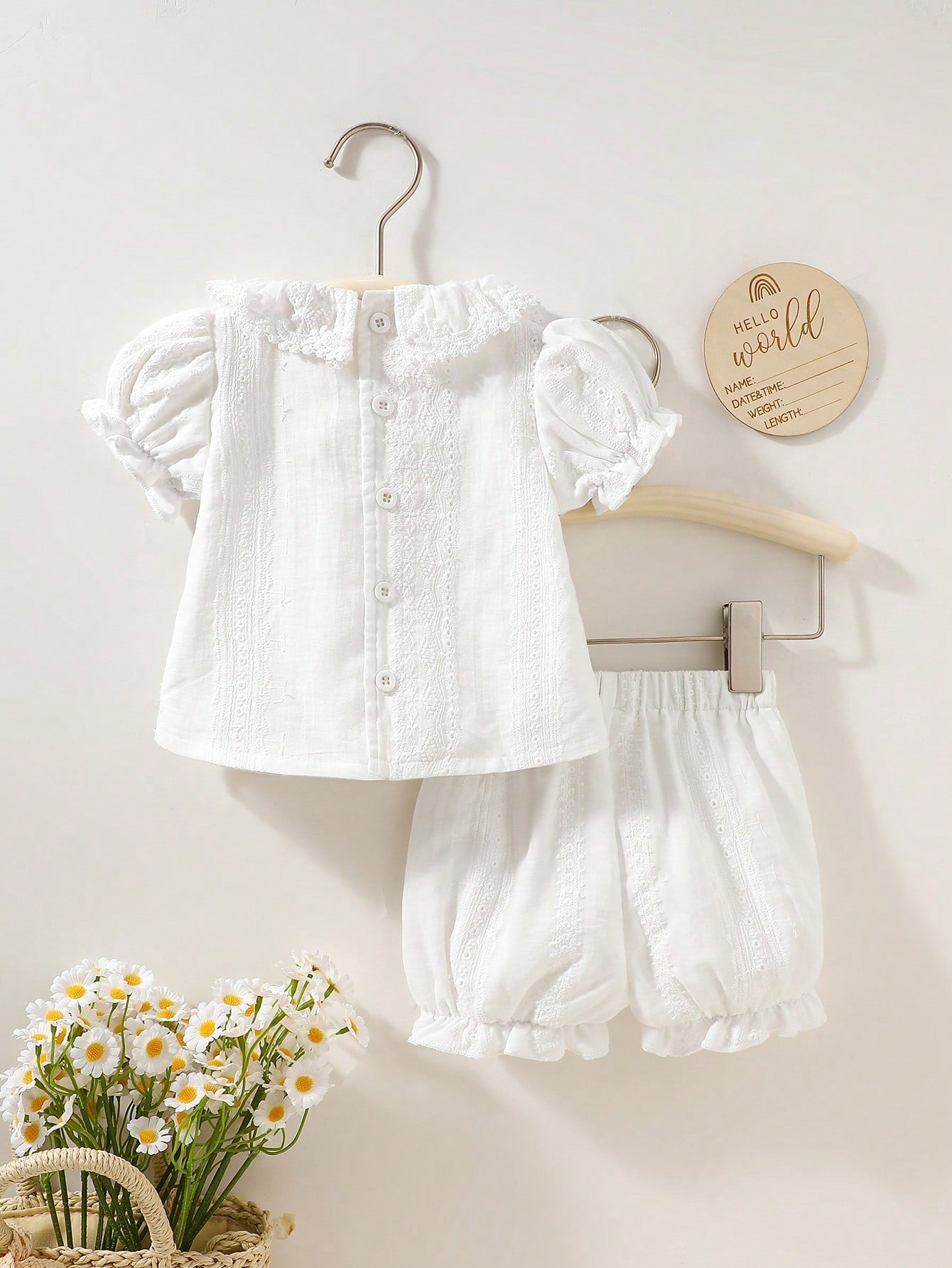 2pcs Newborn Baby Girls White Summer Cute Baby Shower Gift Elegant Ruffle Collar Knit Jacquard Top And Shorts Cotton Set Baptism Christening Outfit