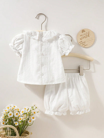 2pcs Newborn Baby Girls White Summer Cute Baby Shower Gift Elegant Ruffle Collar Knit Jacquard Top And Shorts Cotton Set Baptism Christening Outfit