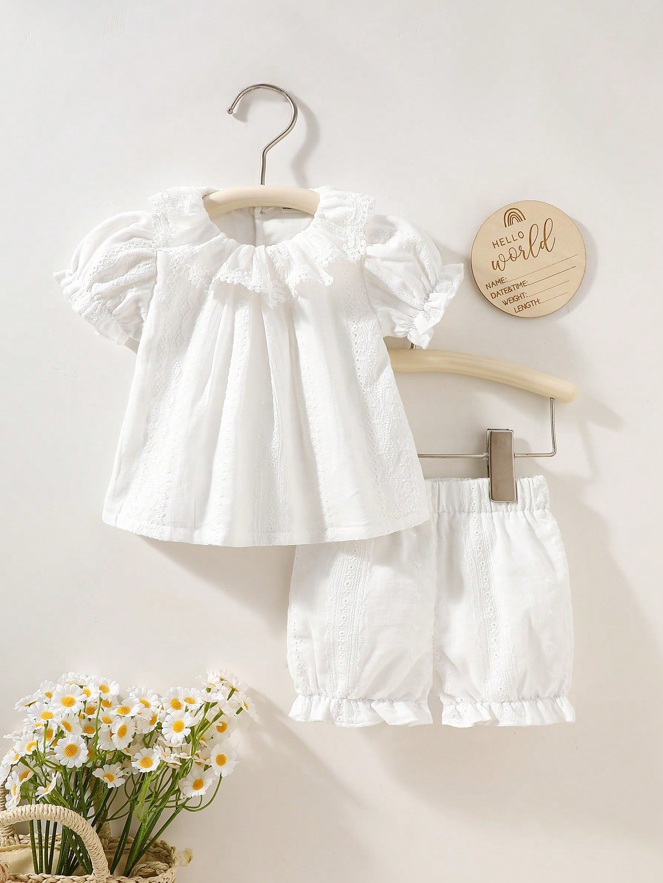 2pcs Newborn Baby Girls White Summer Cute Baby Shower Gift Elegant Ruffle Collar Knit Jacquard Top And Shorts Cotton Set Baptism Christening Outfit
