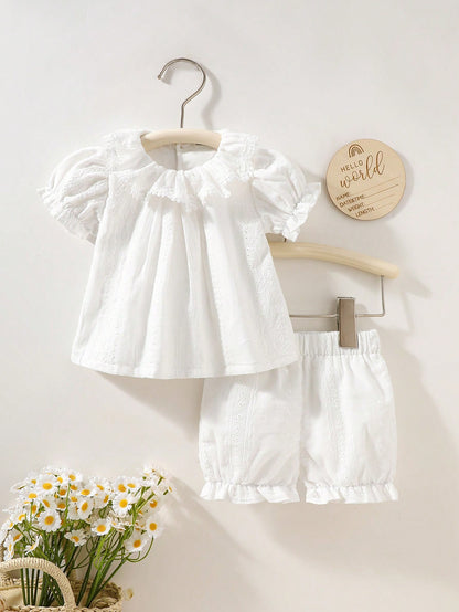 2pcs Newborn Baby Girls White Summer Cute Baby Shower Gift Elegant Ruffle Collar Knit Jacquard Top And Shorts Cotton Set Baptism Christening Outfit