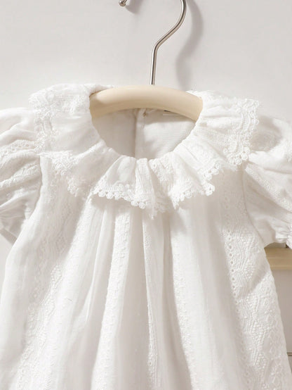 2pcs Newborn Baby Girls White Summer Cute Baby Shower Gift Elegant Ruffle Collar Knit Jacquard Top And Shorts Cotton Set Baptism Christening Outfit