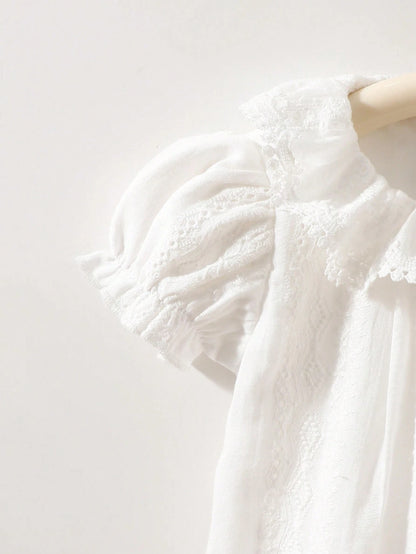 2pcs Newborn Baby Girls White Summer Cute Baby Shower Gift Elegant Ruffle Collar Knit Jacquard Top And Shorts Cotton Set Baptism Christening Outfit